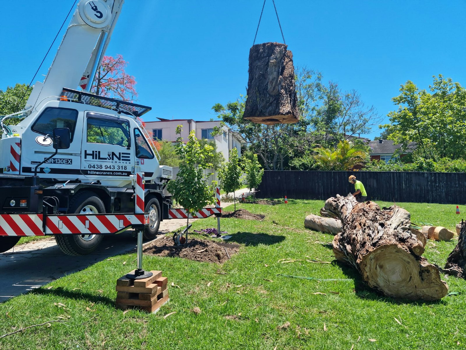Crane lifting a large tree section onto a truck